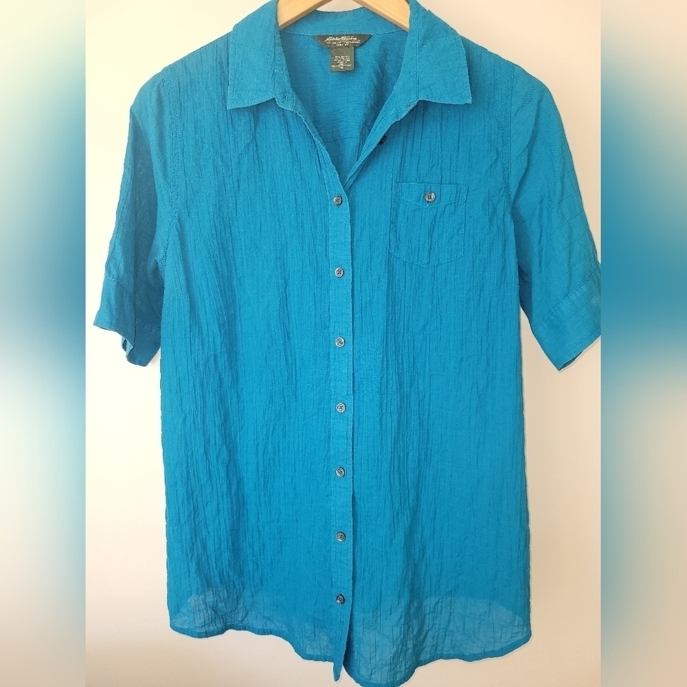 Women's Eddie Bauer Button Up Blouse Sz M Turquoise Blue‎ W/Back Buttons EUC